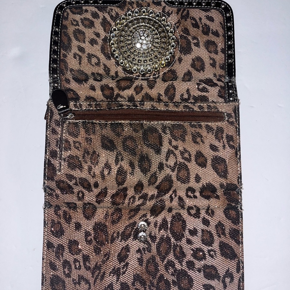 Leopard Print Rhinestone Medallion Women's Wallet - Brown - Picture 2 of 7